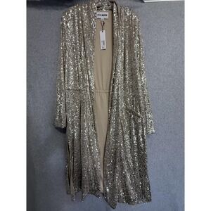 Steve Madden Coat Womens XS Gold Sequin Long Duster Open Front Tie Waist Party